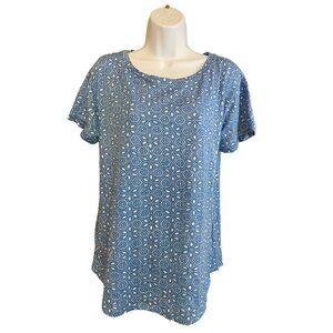 Maurices Womens Top XL Blue White Geometric Short Sleeve Classicore Cottagecore